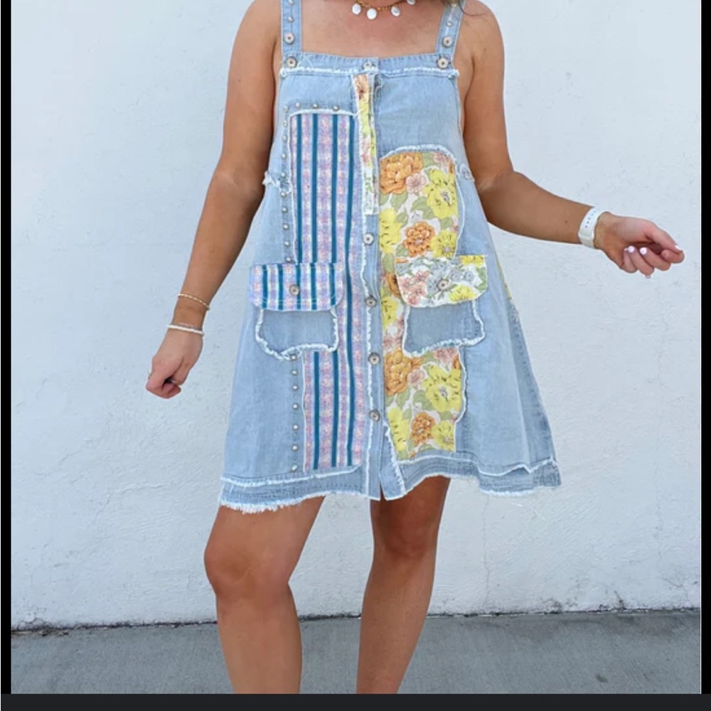 POL Light Blue Denim Floral Patch Mini Dress - Picture 8 of 14